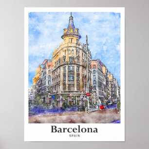 Barcelona Spanje Reizen Waterverf Hand getekend Poster
