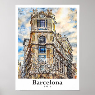 Barcelona Spanje Reizen Waterverf Hand getekend Poster