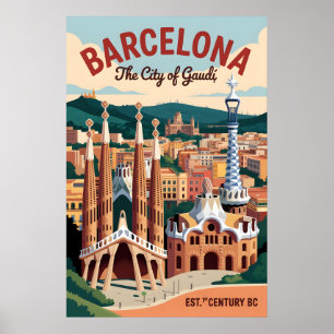 Barcelona Spanje Retro Silhouette Stadslandschap R Poster