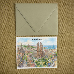 Barcelona Spanje Stadsgezicht Aquarel Illustratie Briefkaart