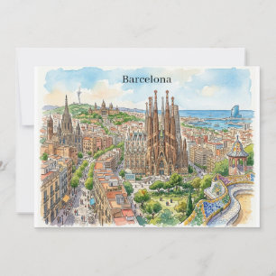 Barcelona Spanje Stadsgezicht Aquarel Illustratie Kaart