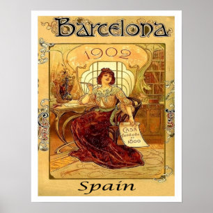 Barcelona, Spanje, vrouw schrijft een brief, vinta Poster