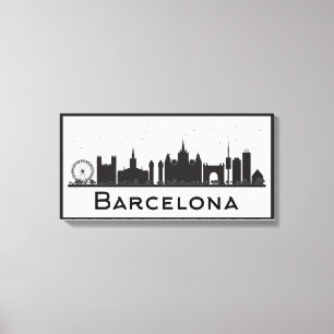 Barcelona, Spanje   Zwarte en witte veldlijn Canvas Afdruk