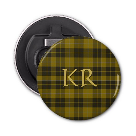 Barclay Tartan met uw initialen, Schotse speldenst Button Flesopener (Voorkant)