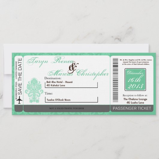 Barding Pass Linen Wedding Invitation Damask Mint Kaart (Voorkant)