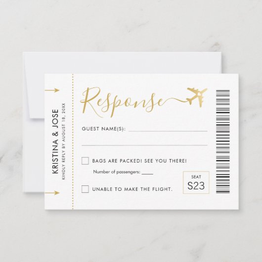 Barding Pass Plane Ticket Destination Wedding RSVP Kaartje (Voorkant)