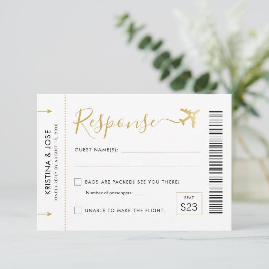 Barding Pass Plane Ticket Destination Wedding RSVP Kaartje (Staand voorkant)