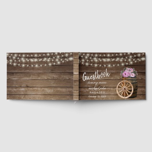 Baril de bois rustique avec fleurs roses livre d'o (Complet)