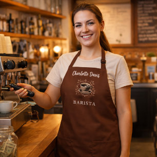 Barista bruin kopje koffiebonen naam script schort