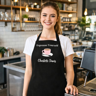 Barista zwarte witte kop koffie naam citaat schort