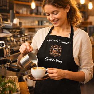 Barista zwarte witte kop koffiebonen naam citaat schort
