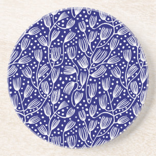 Barkcloth Style Pattern - Wit op Donkerblauw Zandsteen Onderzetter