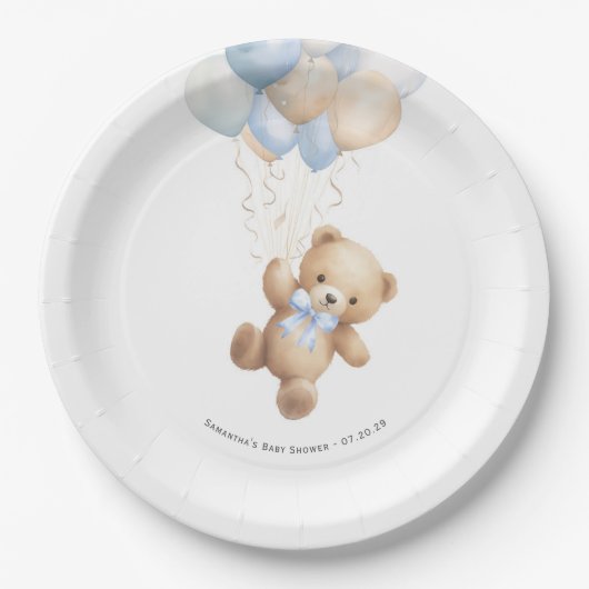 Barly Wacht Schattige Teddybeer en blauwe ballonne Papieren Bordje (Voorkant)