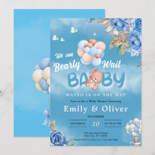 Barly Wachten Blauw Teddy Bear Baby shower Uitnodi Kaart (Voorkant / Achterkant)