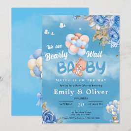 Barly Wachten Blauw Teddy Bear Baby shower Uitnodi Kaart