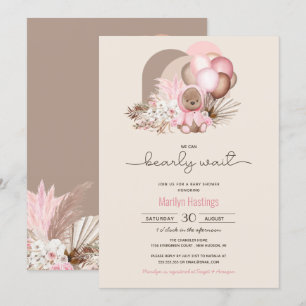 Barly Wait Pink Boho Teddy Bear Girl Baby shower Kaart