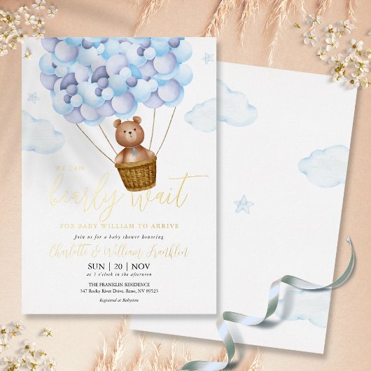 Barly Wait Teddy Bear Blue Boy Baby shower Gold Folie Uitnodiging