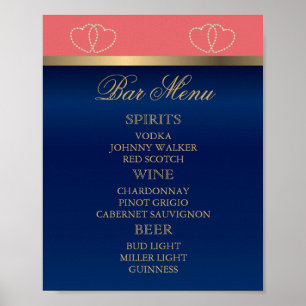 Barmenu - Koraal en Marineblauw met Gouden Harten Poster