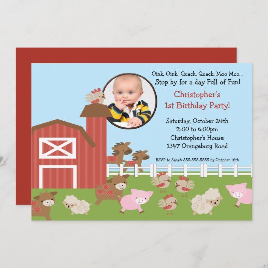 Barn Animal Fun Photo Invitation d'anniversaire (Devant / Derrière)