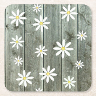 Barn Board Daisy Flower Vierkante Kartonnen Onderzetter