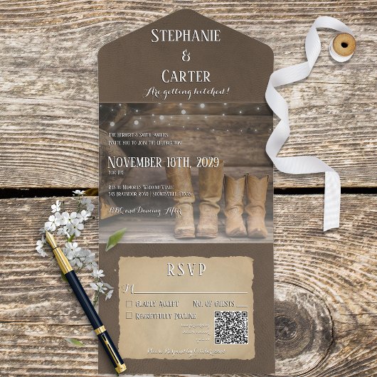 Barn & Boots Rustic Cowboy Westerne QR-code All In One Uitnodiging