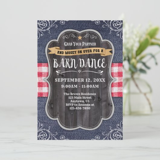 Barn Dance Denim Wood Rustic Invitation (Debout devant)