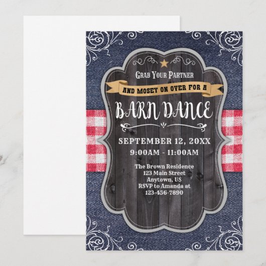 Barn Dance Denim Wood Rustic Invitation (Devant / Derrière)