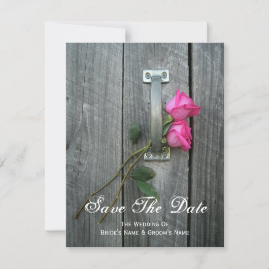 Barn-deur en roze rozen die de datum opslaan save the date (Voorkant)