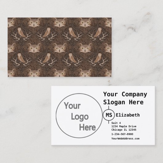 Barn en Hoot Owl over een Bruin Moss Pattern Visitekaartje (Voorkant / Achterkant)