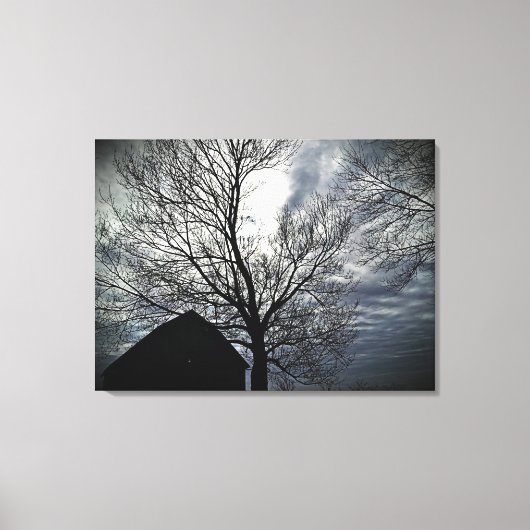 Barn met Sky & Bare Trees zwart & White Photo Canv Canvas Afdruk (Voorkant)