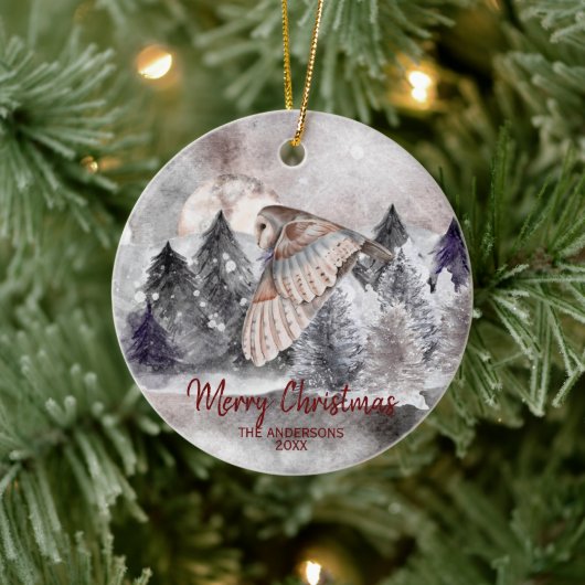 Barn Owl Moon Waterverf Forest Kerstmis Ornament (Boom)