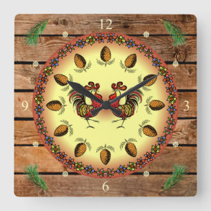 Barn Sign ~ Hex Sign ~ 2 Roosters ~ Pine Cones ~ Vierkante Klok