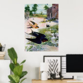 Barn Swallows vliegen rond oude gebouwen Poster (Thuiskantoor)