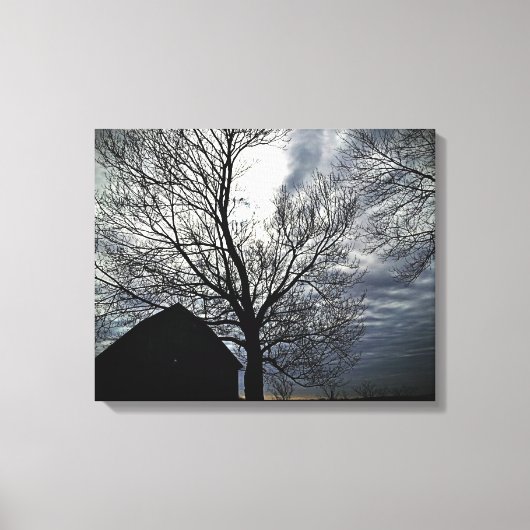 Barn w/Sky & Bare Trees Canvas zwart/wit foto Afdruk (Voorkant)