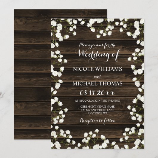 Barn Wood Baby's Breath Wedding Invitations (Devant / Derrière)