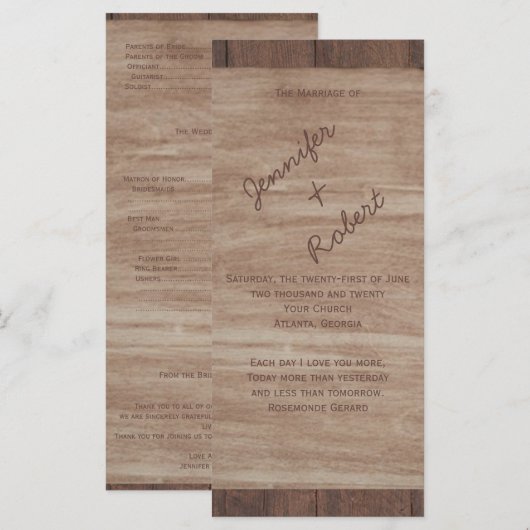 Barn Wood Beren Country Wedding Programme Programma (Voorkant / Achterkant)