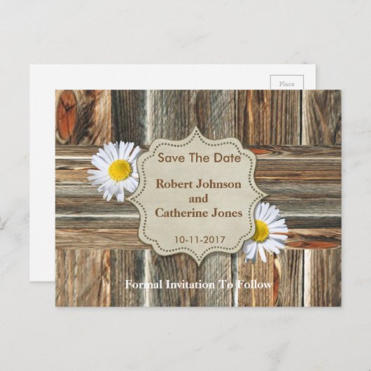 Barn Wood en Daisy Save the Date Aankondigingskaart (Voorkant / Achterkant)
