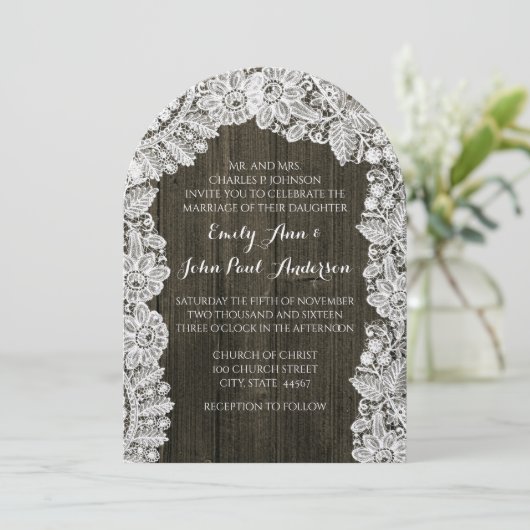Barn Wood en Lace Wedding Invitations Kaart (Staand voorkant)