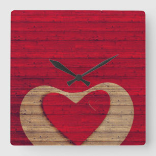 BARN WOOD - Red, Tan - CLOCK Vierkante Klok