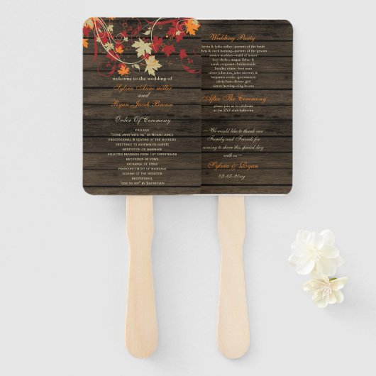 Barn Wood Rustic Fall Leaves Wedding Programs Handwaaier (Voorkant en achterkant)