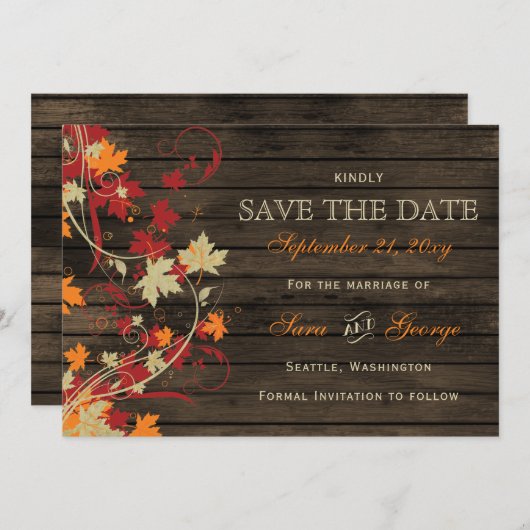 Barn Wood Rustic Fall Leaves Wedding save the date (Voorkant / Achterkant)