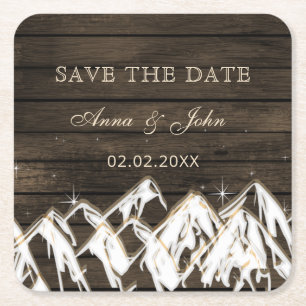 Barn wood Rustic Mountains Save the Date Vierkante Kartonnen Onderzetter