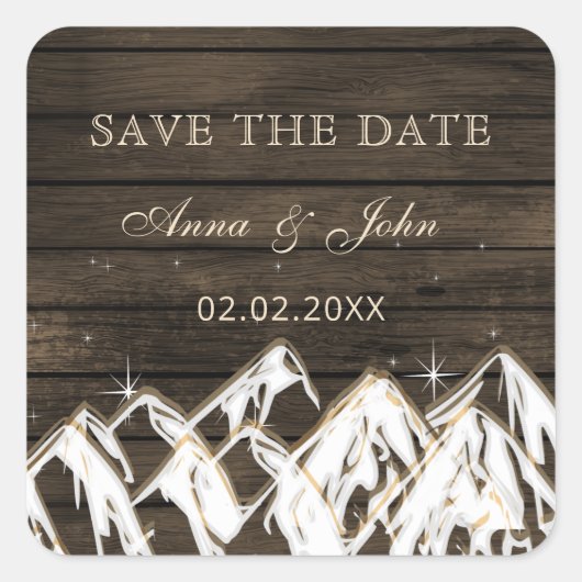 Barn wood Rustic Mountains Save the Date Vierkante Sticker (Voorkant)