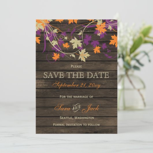 Barn wood Rustic plum fall leaves save the date (Staand voorkant)
