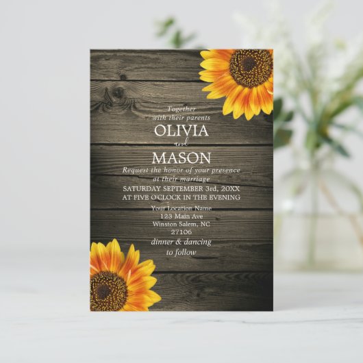 Barn Wood + Rustic Sunflower Wedding Kaart (Staand voorkant)