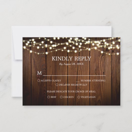 Barn Wood String Lights Rustic Wedding RSVP Kaart (Voorkant)