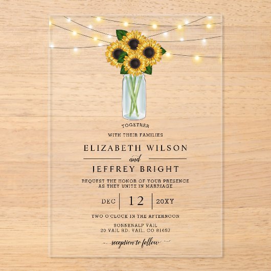Barn Wood String Lights Sunflower Wedding Acryl Uitnodigingen (Voorkant)
