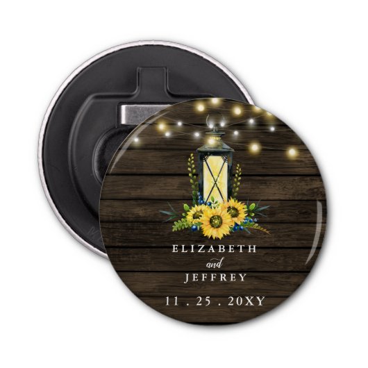 Barn Wood String Lights Sunflower Wedding Button Flesopener (Voorkant)