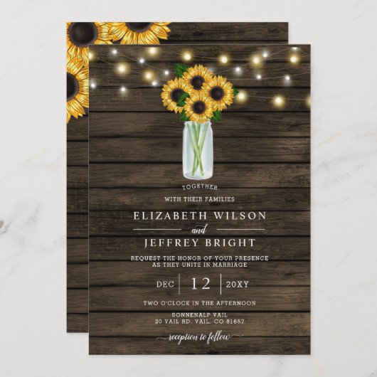 Barn Wood String Lights Sunflower Wedding Kaart (Voorkant / Achterkant)