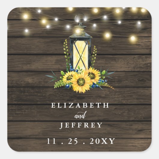 Barn Wood String Lights Sunflower Wedding Vierkante Sticker (Voorkant)
